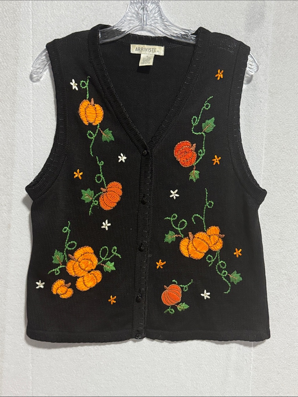 Arriviste Vintage Fall Black Embroidered Pumpkin Knit Vest